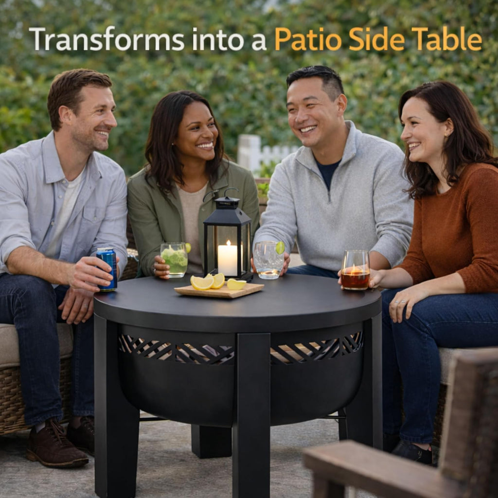 Fire Chief Wood Burning Fire Pit with Tabletop Lid – Modern Outdoor Metal Fire Pit for Patio & Backyard – Premium Heavy Duty Fire Pit Bowl with Multi-Use Side Table (Decorative Bowl)