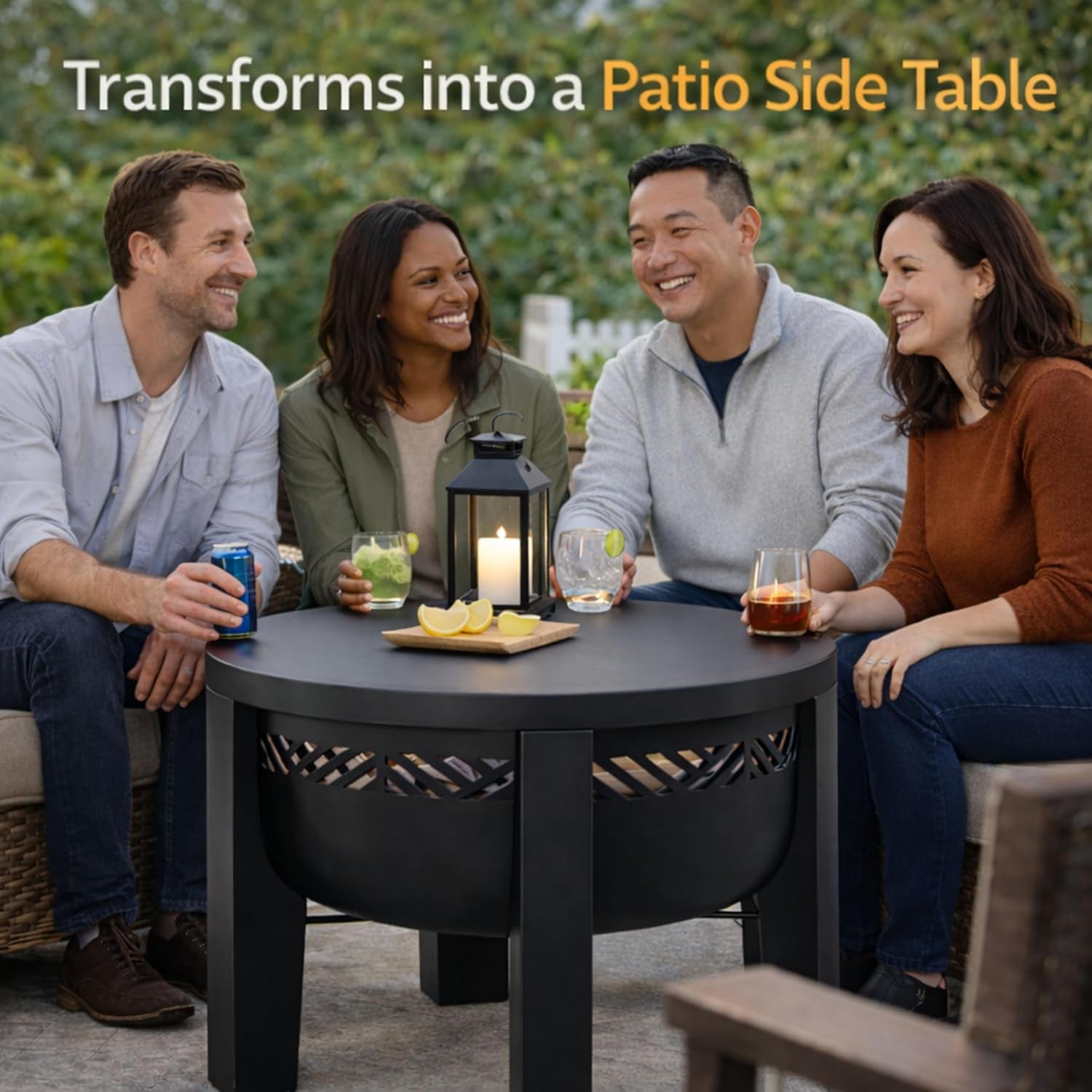 Fire Chief Wood Burning Fire Pit with Tabletop Lid – Modern Outdoor Metal Fire Pit for Patio & Backyard – Premium Heavy Duty Fire Pit Bowl with Multi-Use Side Table (Decorative Bowl)