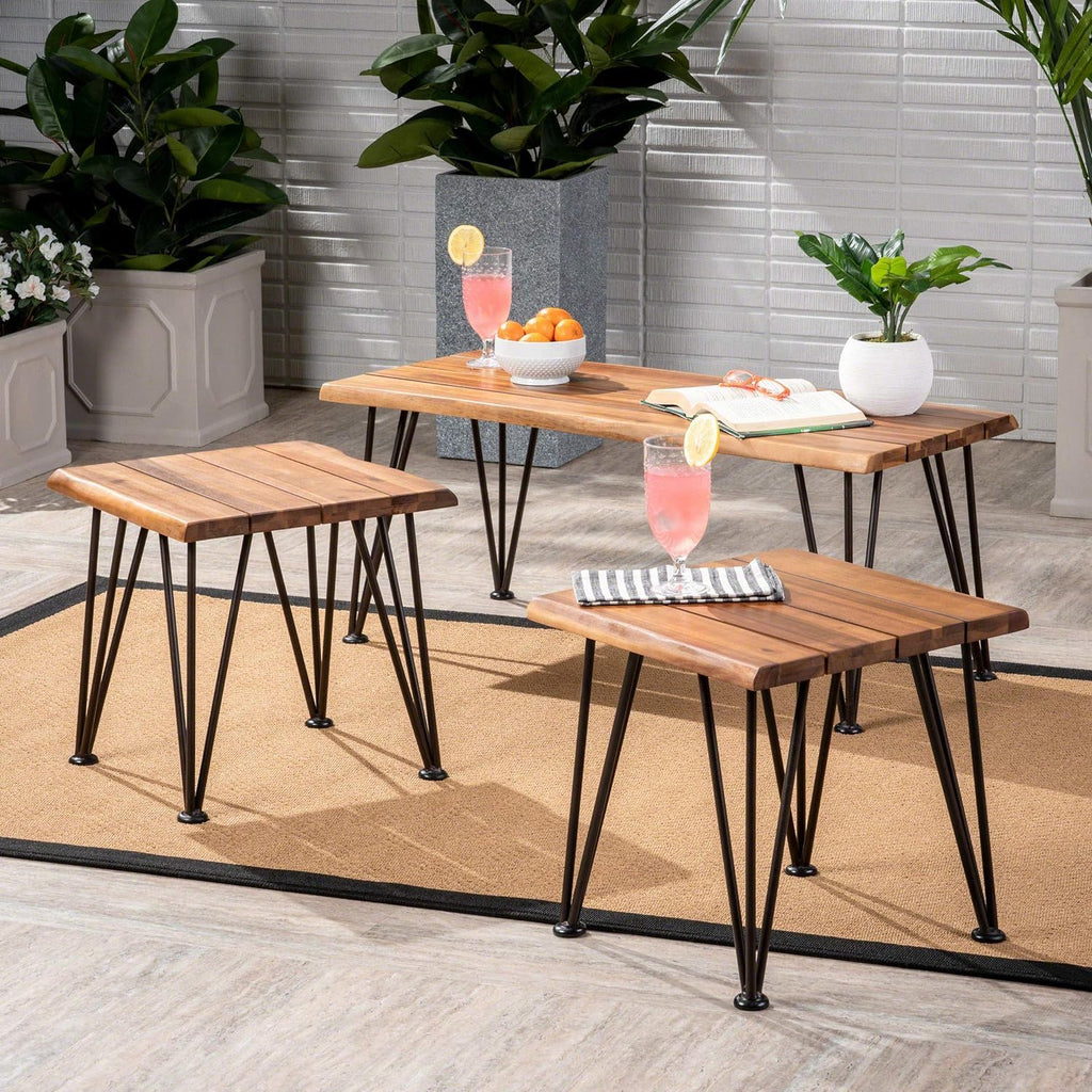 Outdoor Industrial Iron Coffee Table and 2 Side Tables - Teak