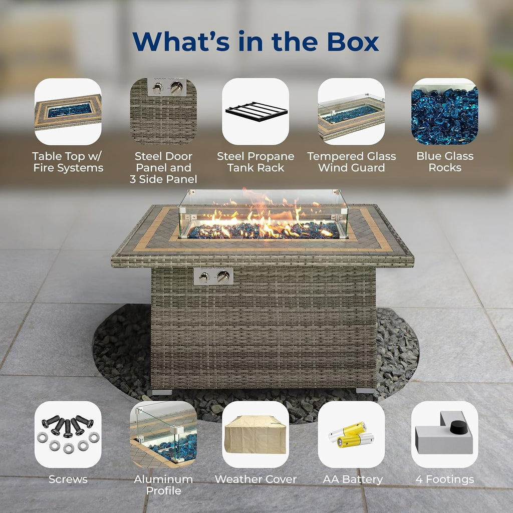 Outdoor Propane Fire Pit Table, 50,000 BTU Wicker Gas Firepit with Tile Tabletop, with Glass Wind Guard and Decorative Glass Stones, CSA Certified, Weatherproof Cover, 43"X27"X25"
