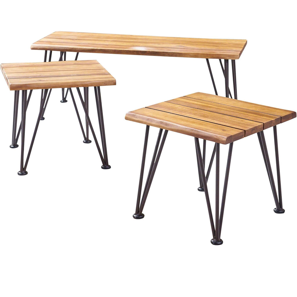 Outdoor Industrial Iron Coffee Table and 2 Side Tables - Teak