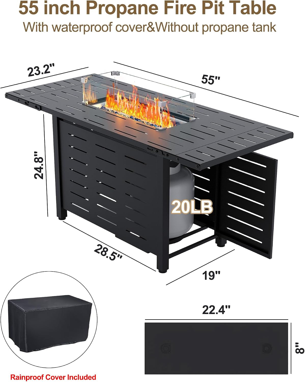 55" Propane Fire Pit Table, 48000 BTU Gas Fire Pit Table with Ignition System, Outdoor Fire Table with Glass Rocks for Patio Garden Backyard, Rain Cover and Wind Guard Glass Included