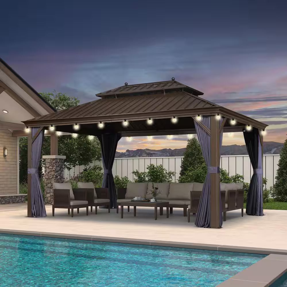 11 Ft. X 15 Ft. Bronze Patio Outdoor Gazebo for Backyard Hardtop Aluminum Frame Hooks, Netting, Blue Curtain, 24-Lights