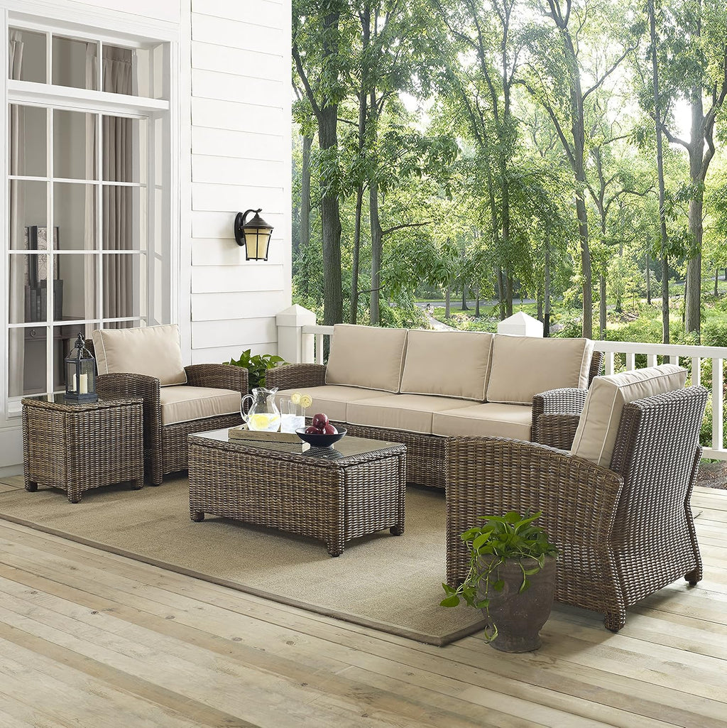 Bradenton 5-Piece Outdoor Sofa Patio Furniture Set, Wicker Conversation Sets for Porch, Brown with Sand Cushions