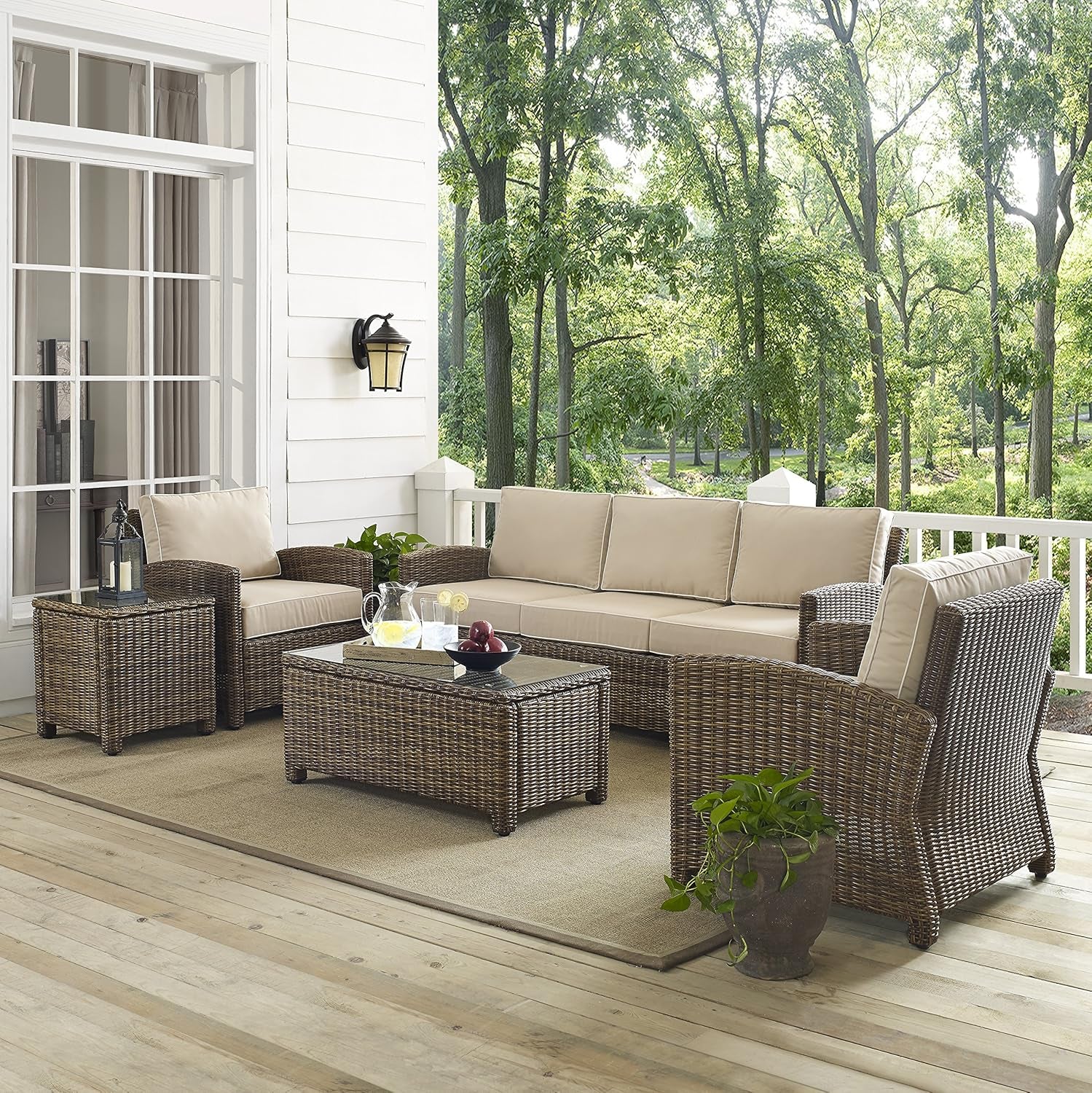 Bradenton 5-Piece Outdoor Sofa Patio Furniture Set, Wicker Conversation Sets for Porch, Brown with Sand Cushions