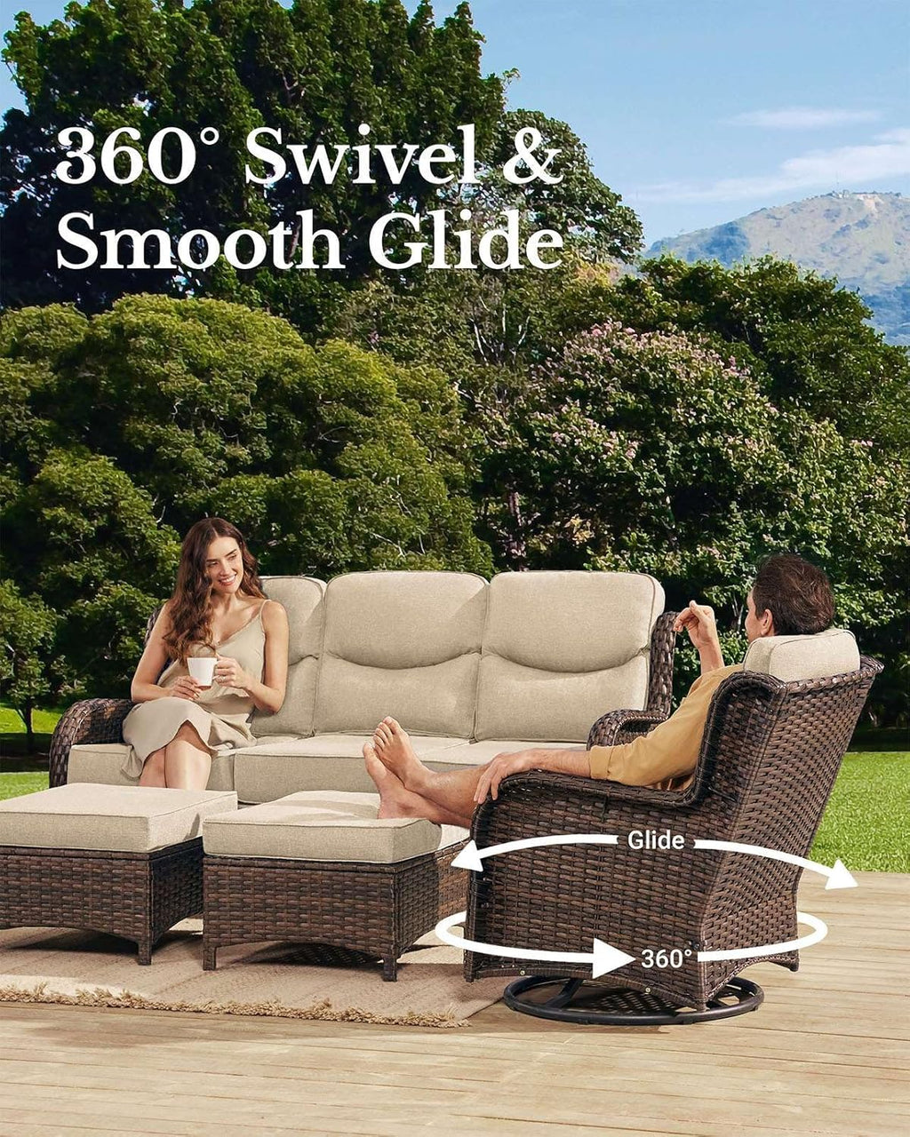 Luxury Outdoor Patio Furniture Set with 6-Inch Thick Cushions, High Back Wicker Swivel Rocker Chairs, 7 Pcs All Weather Conversation Set for Large Deck, Yard and Poolside, Beige (V3)