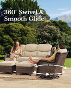 Luxury Outdoor Patio Furniture Set with 6-Inch Thick Cushions, High Back Wicker Swivel Rocker Chairs, 7 Pcs All Weather Conversation Set for Large Deck, Yard and Poolside, Beige (V3)