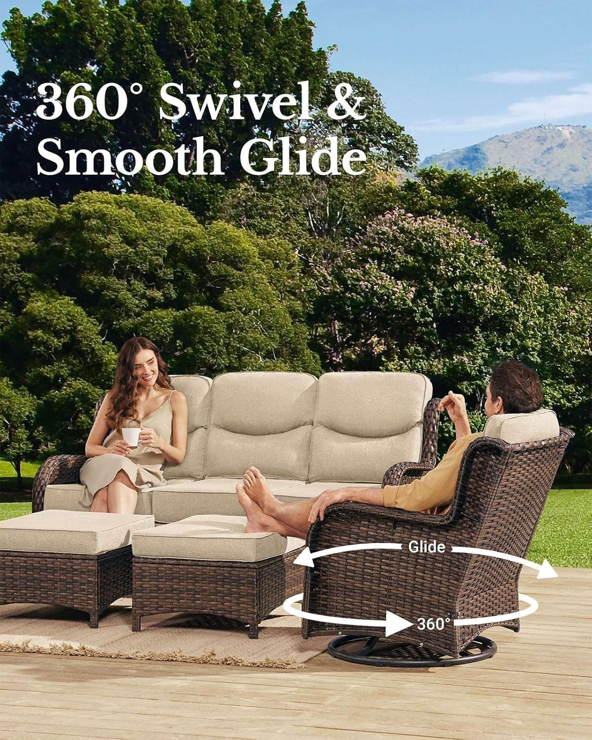 Luxury Outdoor Patio Furniture Set with 6-Inch Thick Cushions, High Back Wicker Swivel Rocker Chairs, 7 Pcs All Weather Conversation Set for Large Deck, Yard and Poolside, Beige (V3)