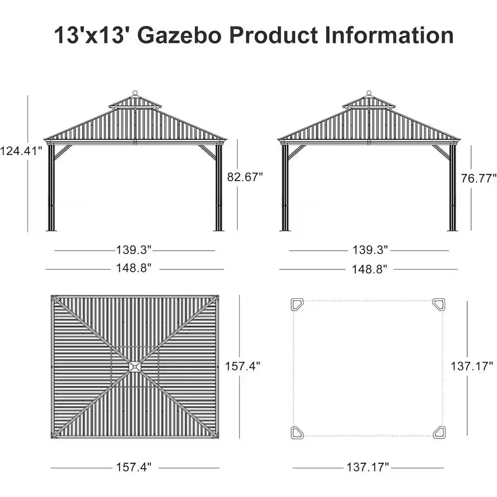13 Ft. X 13 Ft. Bronze Patio Outdoor Gazebo for Backyard Hardtop Aluminum Frame Hooks, Netting, Khaki Curtain, 24-Lights