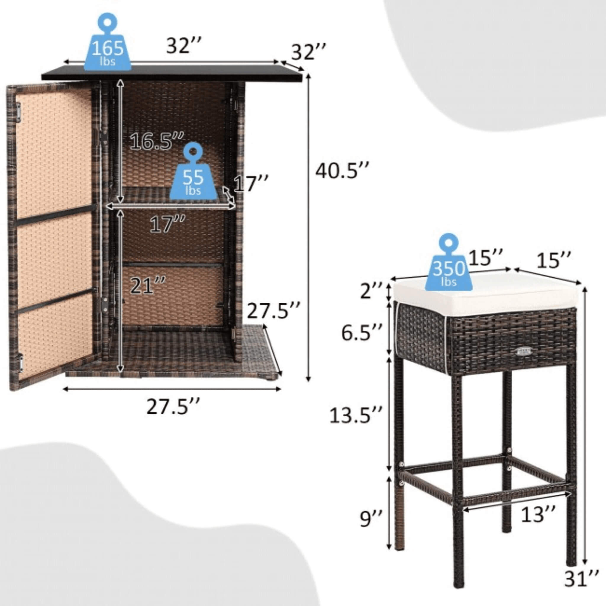 Alora 5-Piece Patio Rattan Bar Table Stool Set With Hidden Storage Shelf & Cushions