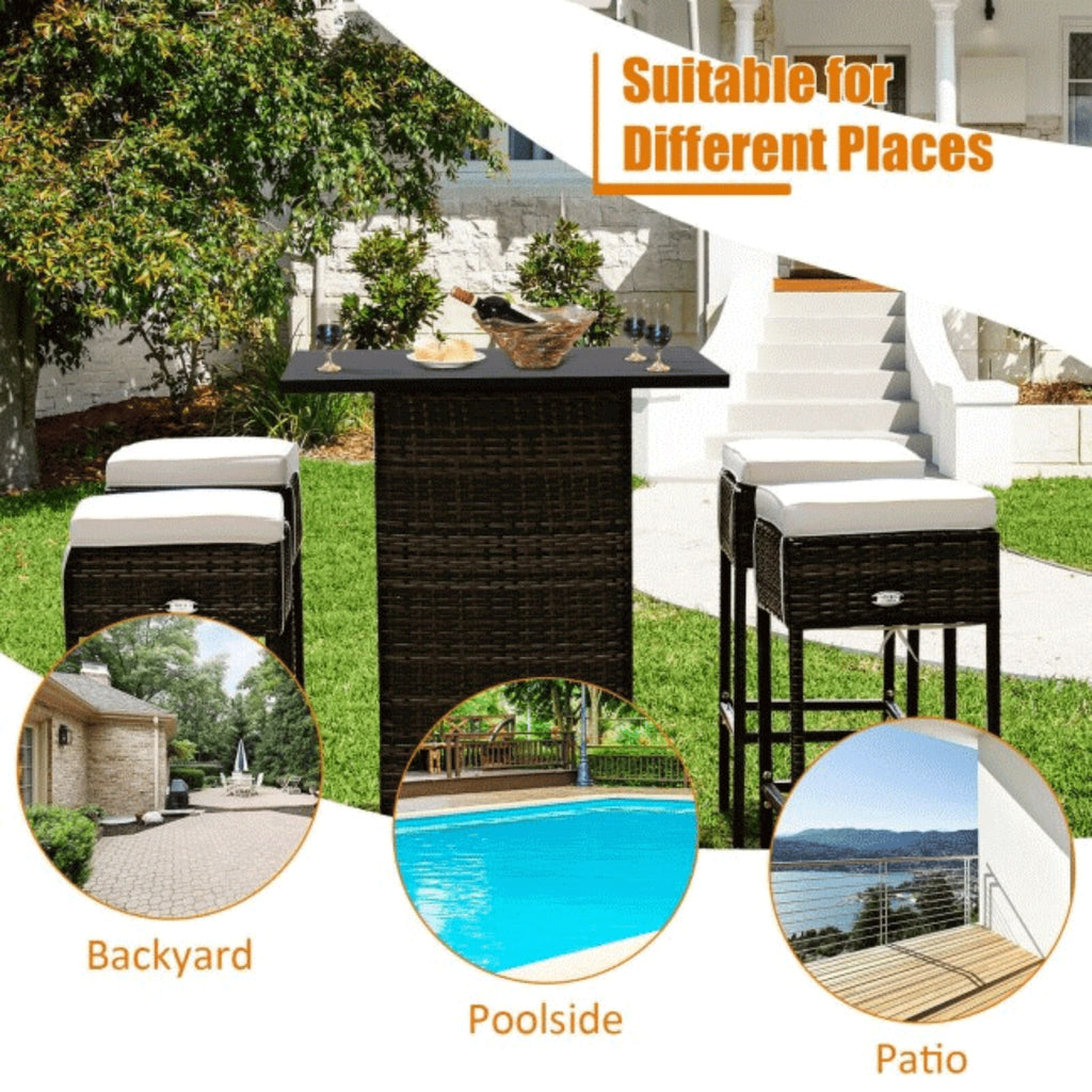 Alora 5-Piece Patio Rattan Bar Table Stool Set With Hidden Storage Shelf & Cushions