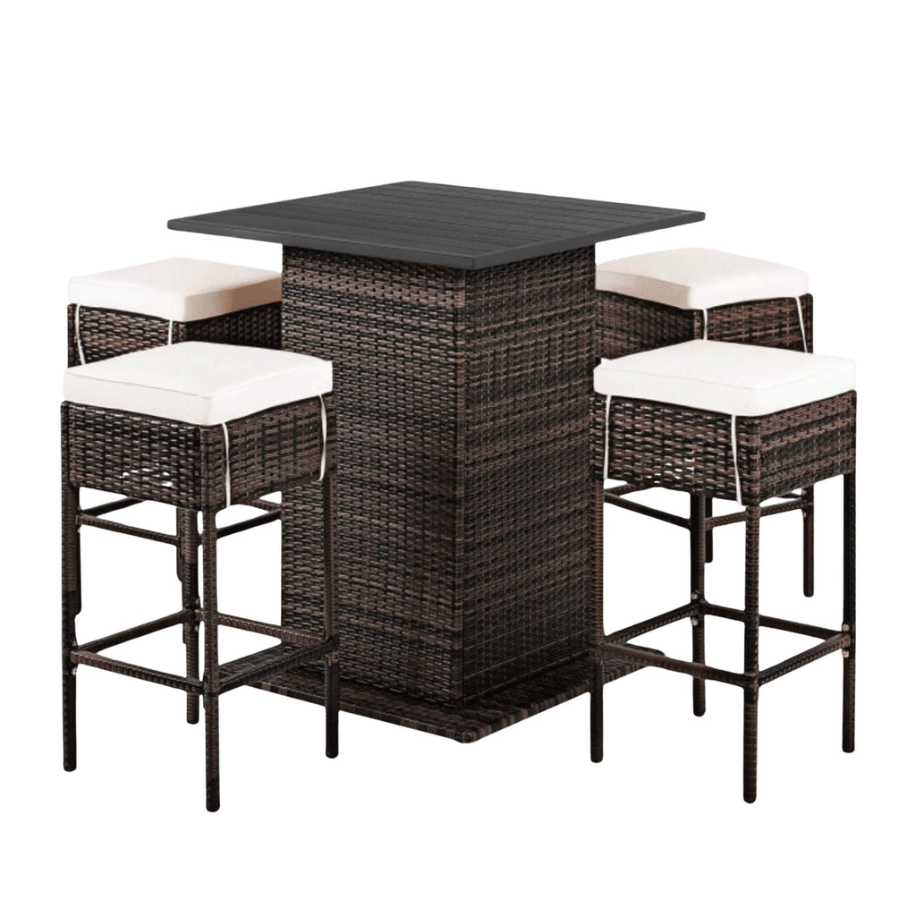 Alora 5-Piece Patio Rattan Bar Table Stool Set With Hidden Storage Shelf & Cushions