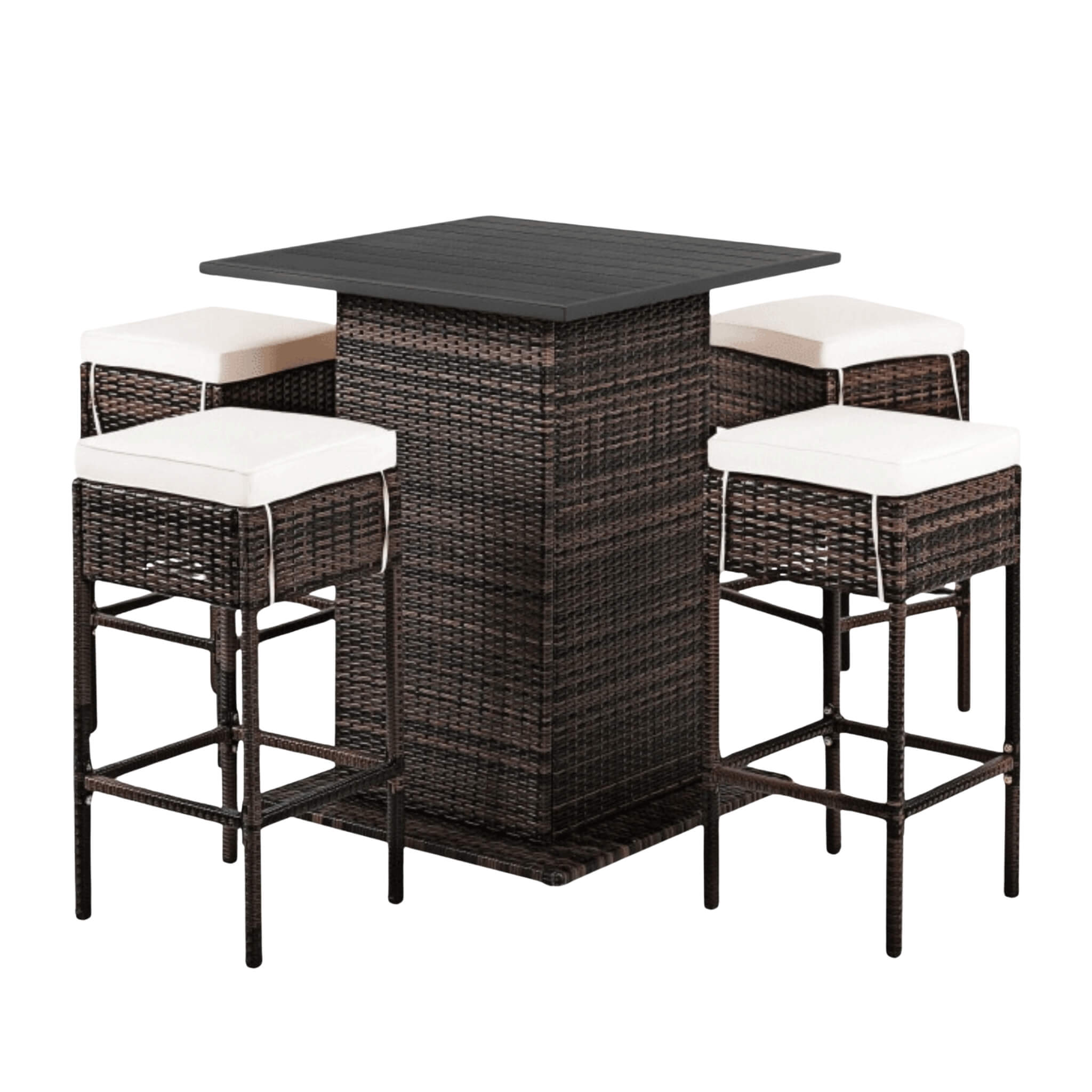 Alora 5-Piece Patio Rattan Bar Table Stool Set With Hidden Storage Shelf & Cushions