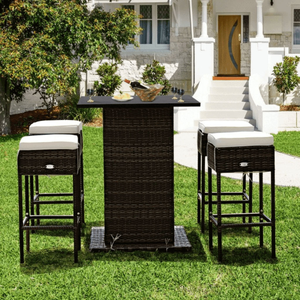 Alora 5-Piece Patio Rattan Bar Table Stool Set With Hidden Storage Shelf & Cushions