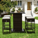 Alora 5-Piece Patio Rattan Bar Table Stool Set With Hidden Storage Shelf & Cushions