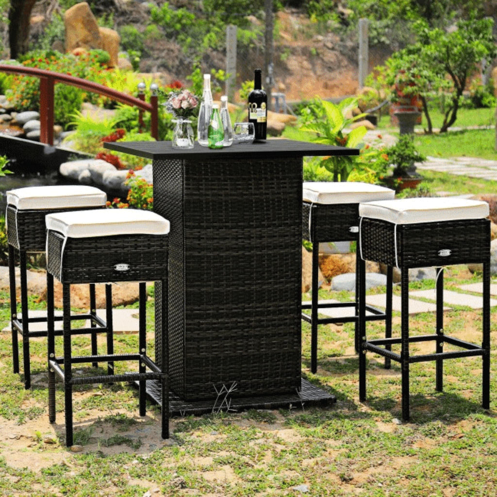 Alora 5-Piece Patio Rattan Bar Table Stool Set With Hidden Storage Shelf & Cushions