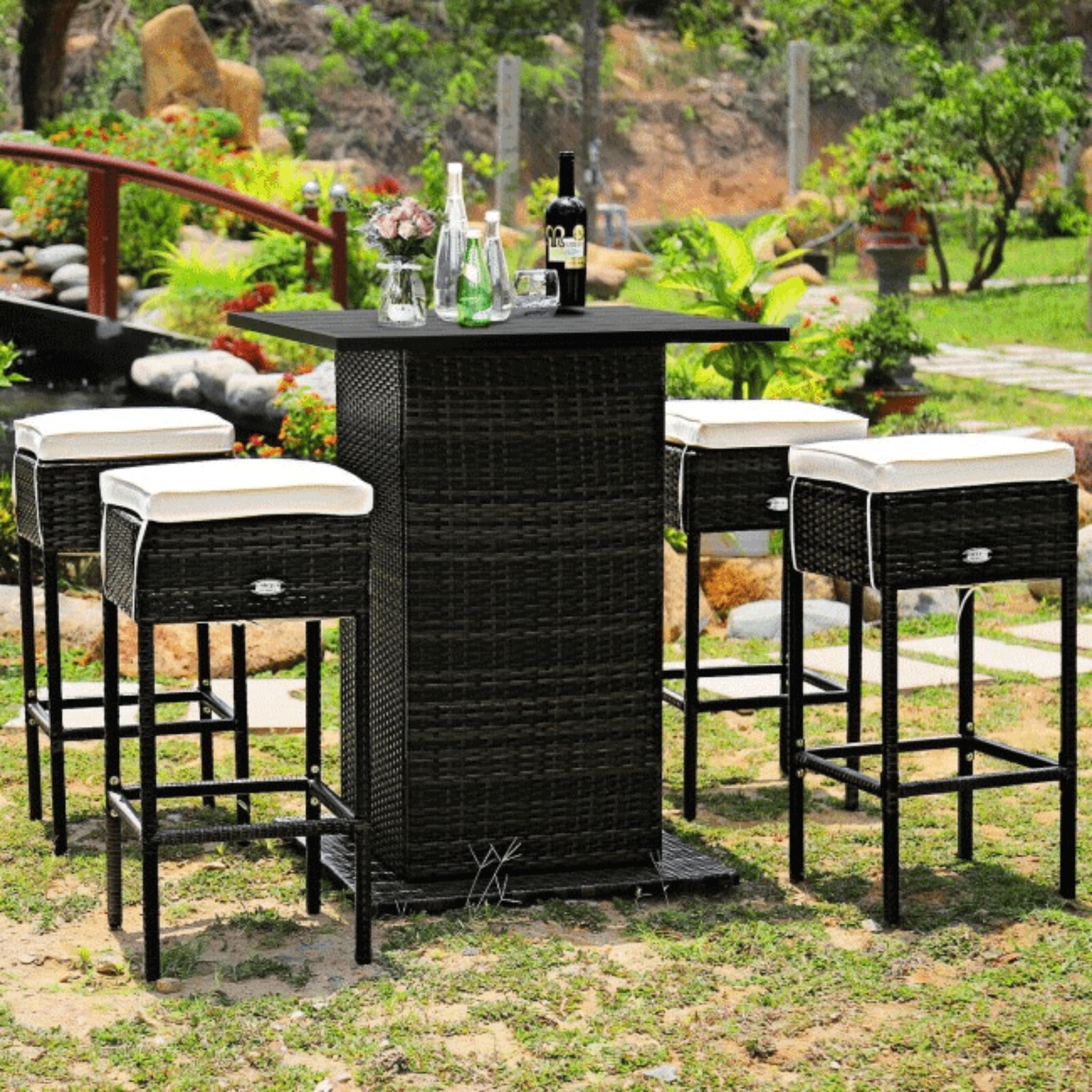 Alora 5-Piece Patio Rattan Bar Table Stool Set With Hidden Storage Shelf & Cushions