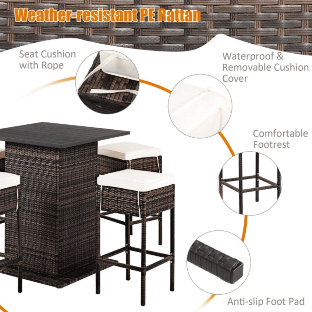 Alora 5-Piece Patio Rattan Bar Table Stool Set With Hidden Storage Shelf & Cushions