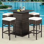 Alora 5-Piece Patio Rattan Bar Table Stool Set With Hidden Storage Shelf & Cushions