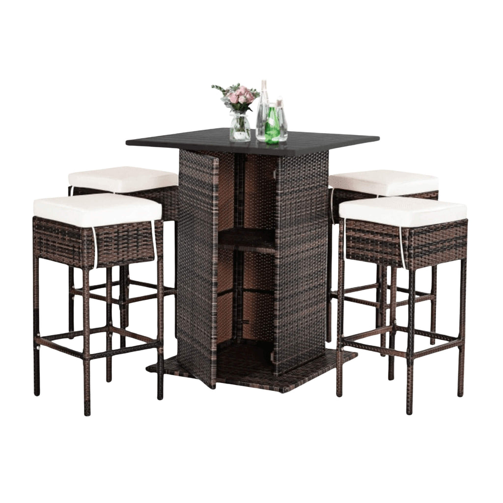 Alora 5-Piece Patio Rattan Bar Table Stool Set With Hidden Storage Shelf & Cushions