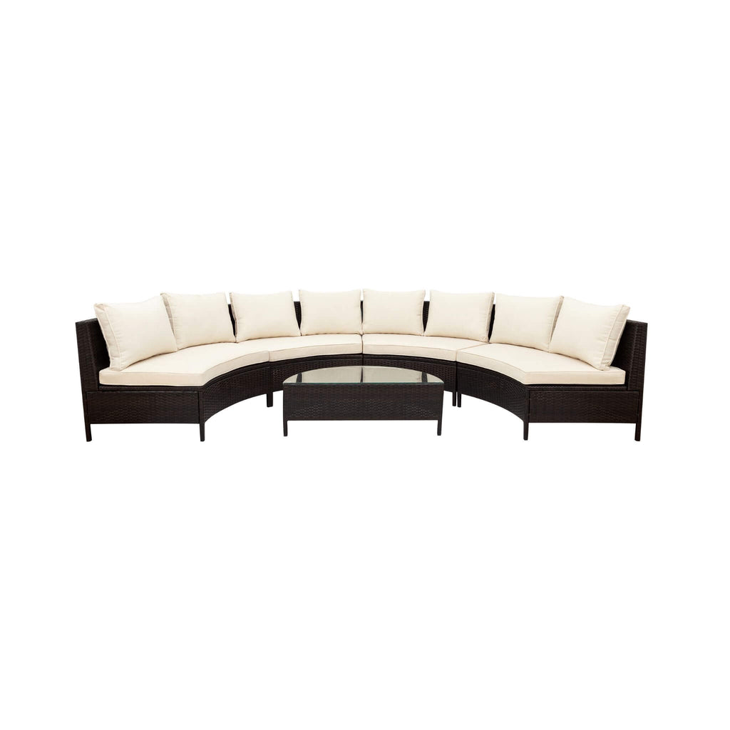 Alora Premium 5-Piece All-Weather Half-Moon Outdoor Rattan Wicker Patio Sectional Sofa Furniture Set With Tempered Glass Table