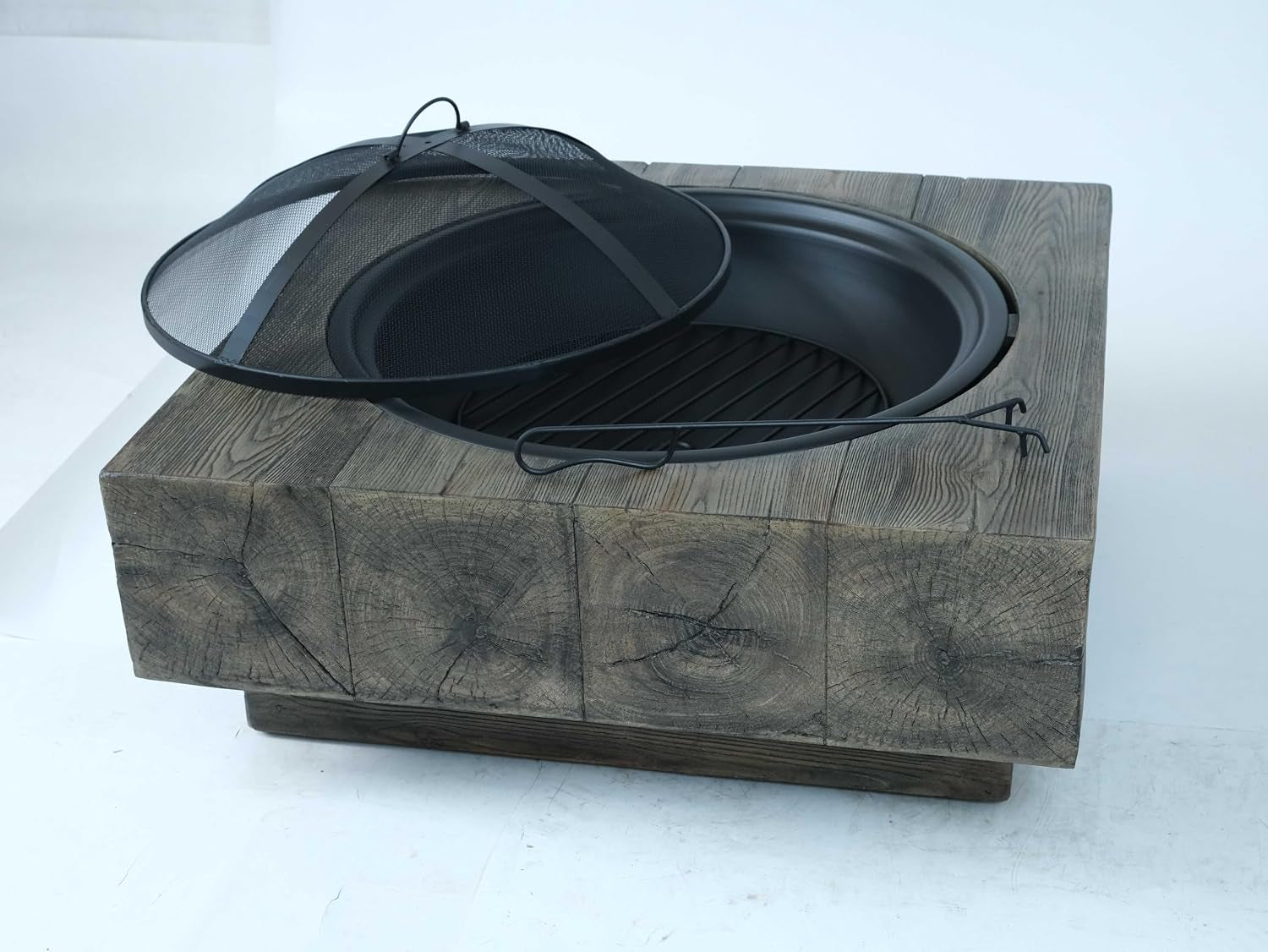 Outdoor Wood Burning Fire Pit with Wood Grain Design, Magnesium Oxide, Antique Dark Grey, 27.4” X 24.4” X 18” for Garden and Patio