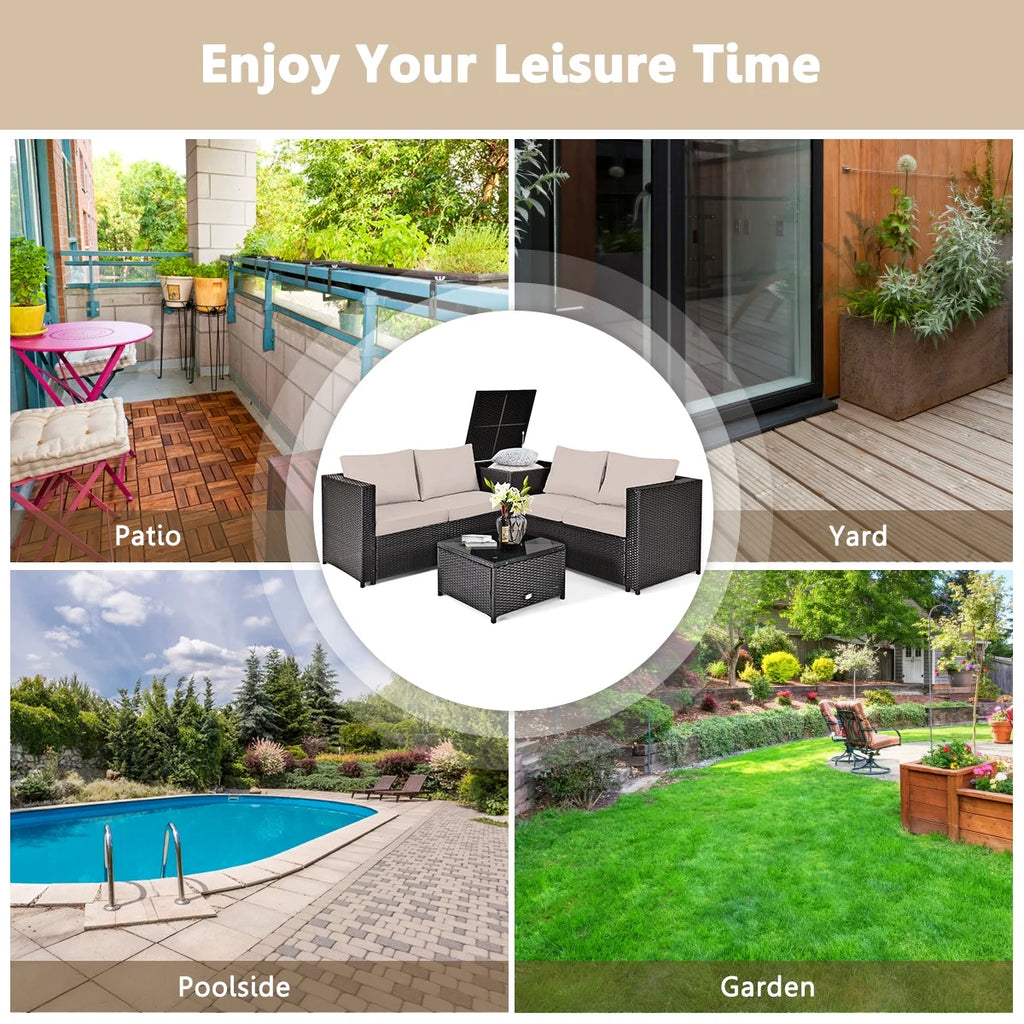 5-Piece Outdoor Patio Furniture Set with 50,000 BTU Propane Fire Pit Table Patio PE Wicker Conversation Set with Cushions Storage Box and Tempered Glass Coffee Table Beige