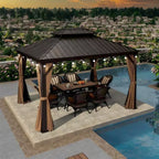 13 Ft. X 13 Ft. Bronze Patio Outdoor Gazebo for Backyard Hardtop Aluminum Frame Hooks, Netting, Khaki Curtain, 24-Lights