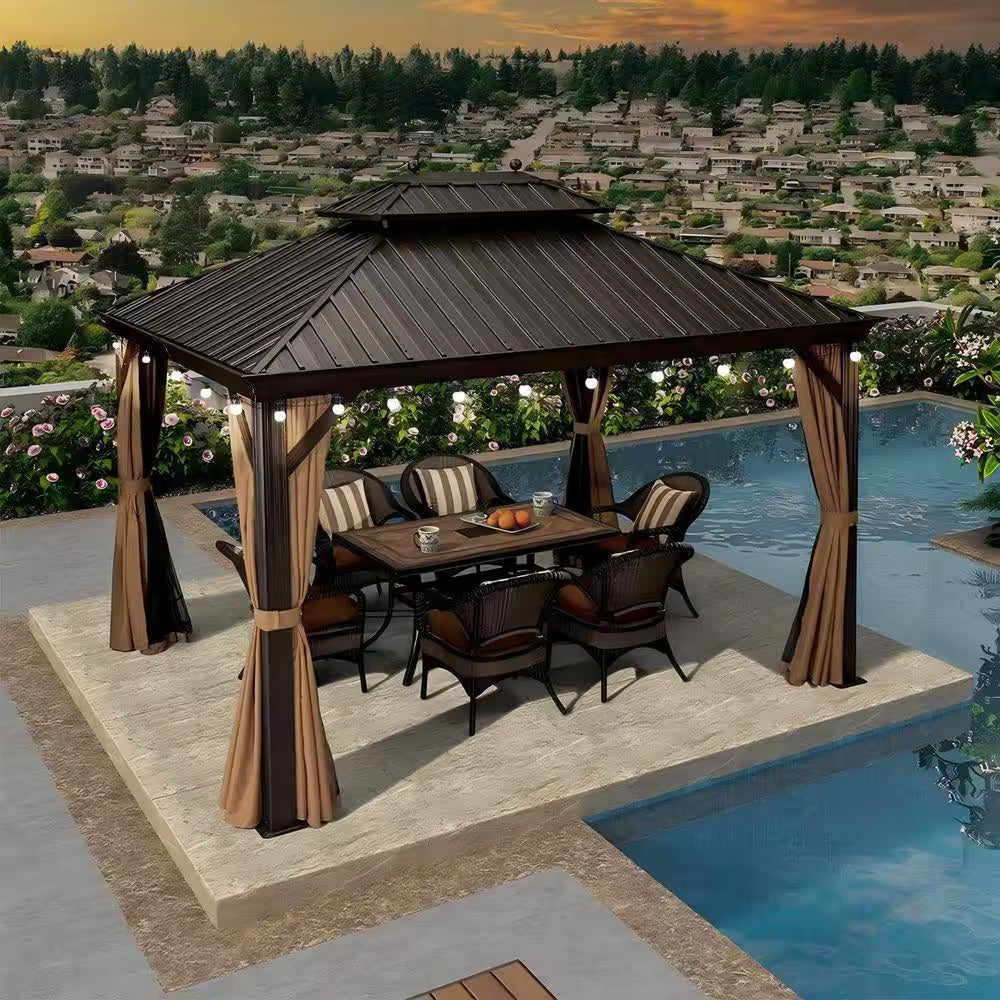 13 Ft. X 13 Ft. Bronze Patio Outdoor Gazebo for Backyard Hardtop Aluminum Frame Hooks, Netting, Khaki Curtain, 24-Lights