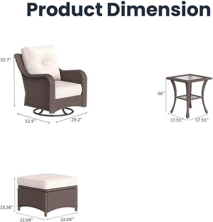 5-Pieces Outdoor Patio Furniture Sets with Rocking Swivel Chairs with 6-inch Thick Cushion and Side Table for Deck Lawn