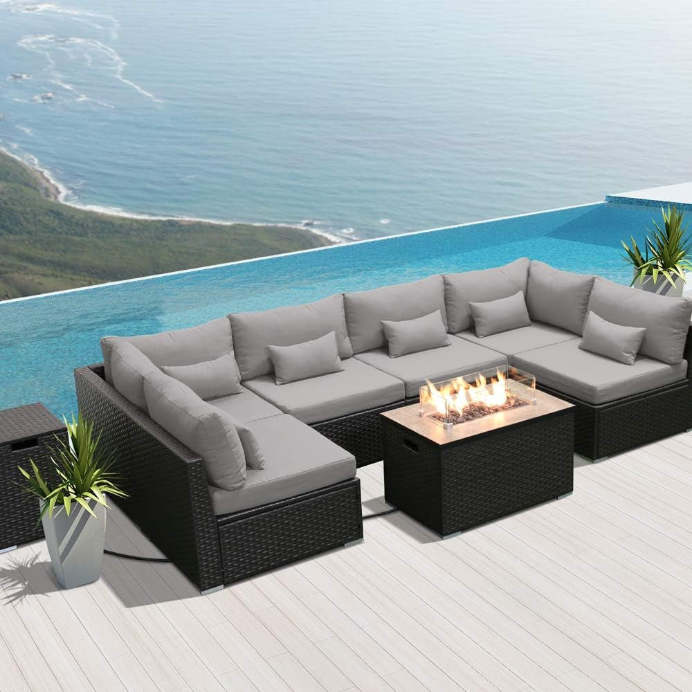 Outdoor Patio Furniture Set Wicker Rattan Patio Conversation Set with Fire Pit Table Sectional Sofa Set Seating Furniture with Thickened Cushion (Light Gray - Rectangular Fire Pit Table)