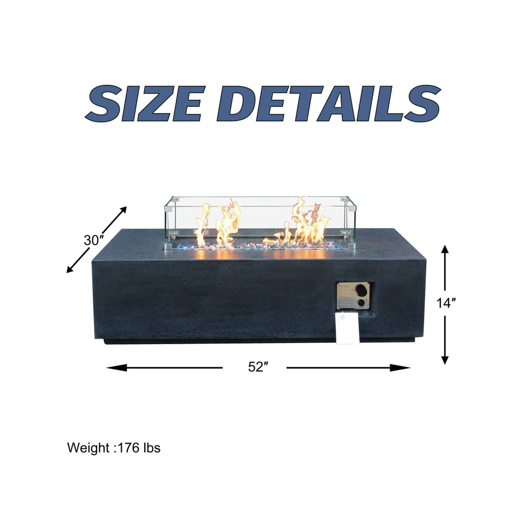 Alora 52-Inch Portable Concrete Rectangular Propane Fire Pit Table with Repair Kit