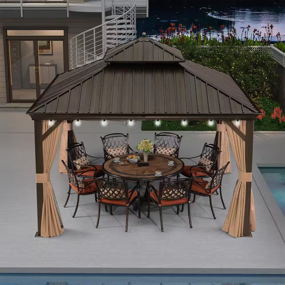 12 Ft. X 12 Ft.Bronze Patio Outdoor Gazebo for Backyard Hardtop Aluminum Frame with Hook,Netting,Khaki Curtain,24-Lights