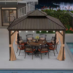12 Ft. X 12 Ft.Bronze Patio Outdoor Gazebo for Backyard Hardtop Aluminum Frame with Hook,Netting,Khaki Curtain,24-Lights