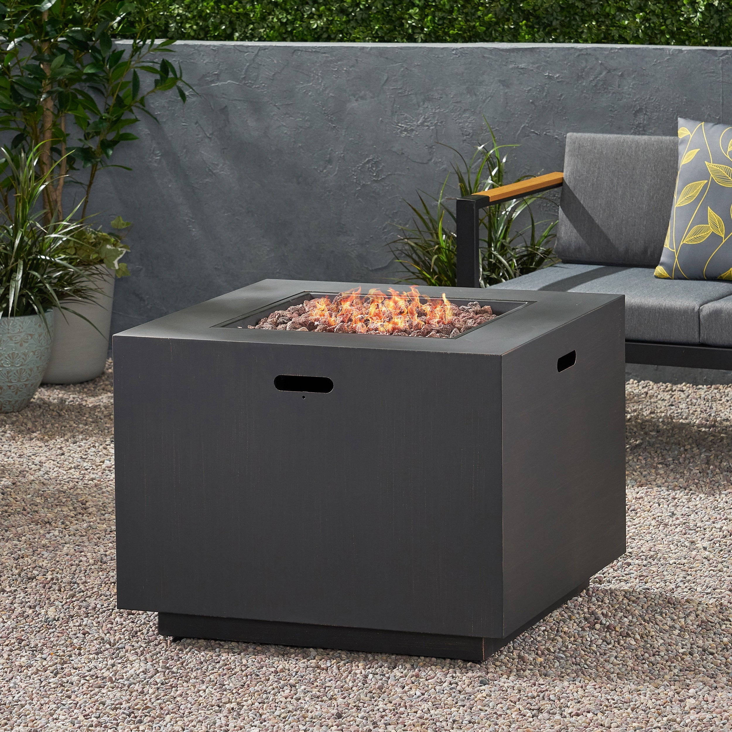 Outdoor Iron Square Propane Fire Pit - Brushed Brown