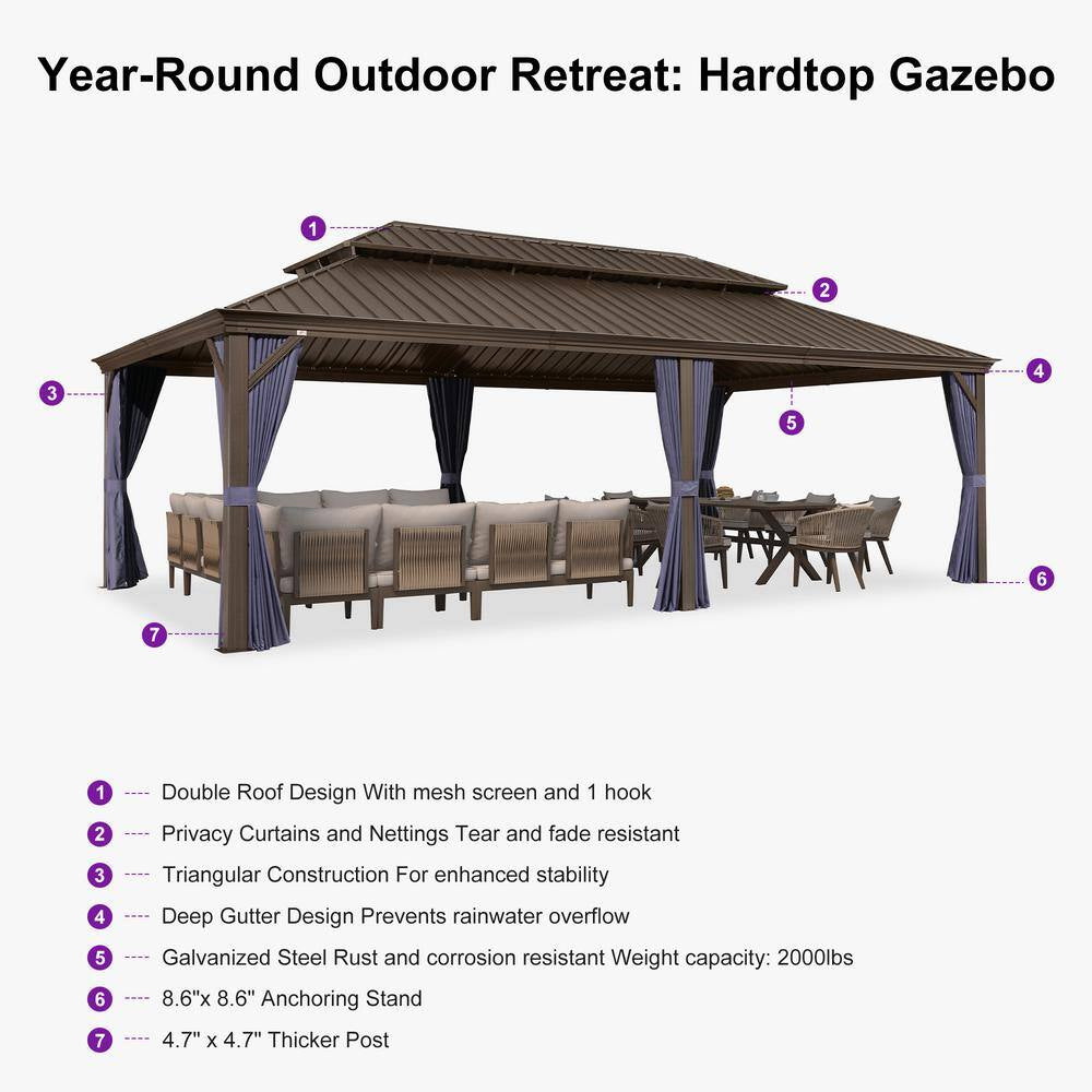 14 Ft.X 24 Ft.Bronze Aluminum Power-Coated Frame Galvanized Steel Double Roof Hardtop Gazebo,Hooks, Netting,Blue Curtain