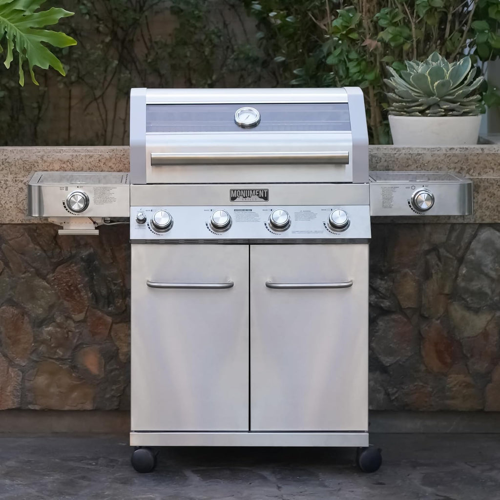 Larger 4+2 Burner Propane Gas Grills Stainless Steel Cabinet Style with Clearview® Lid, Knob Controls, Built-In Thermometer, Infrared Side Sear Burners & Side Burners, Outdoor Use