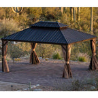 14 Ft. X 16Ft. Bronze Patio Outdoor Gazebo for Backyard Hardtop Aluminum Frame W/Hooks, Netting, Khaki Curtain,36-Lights