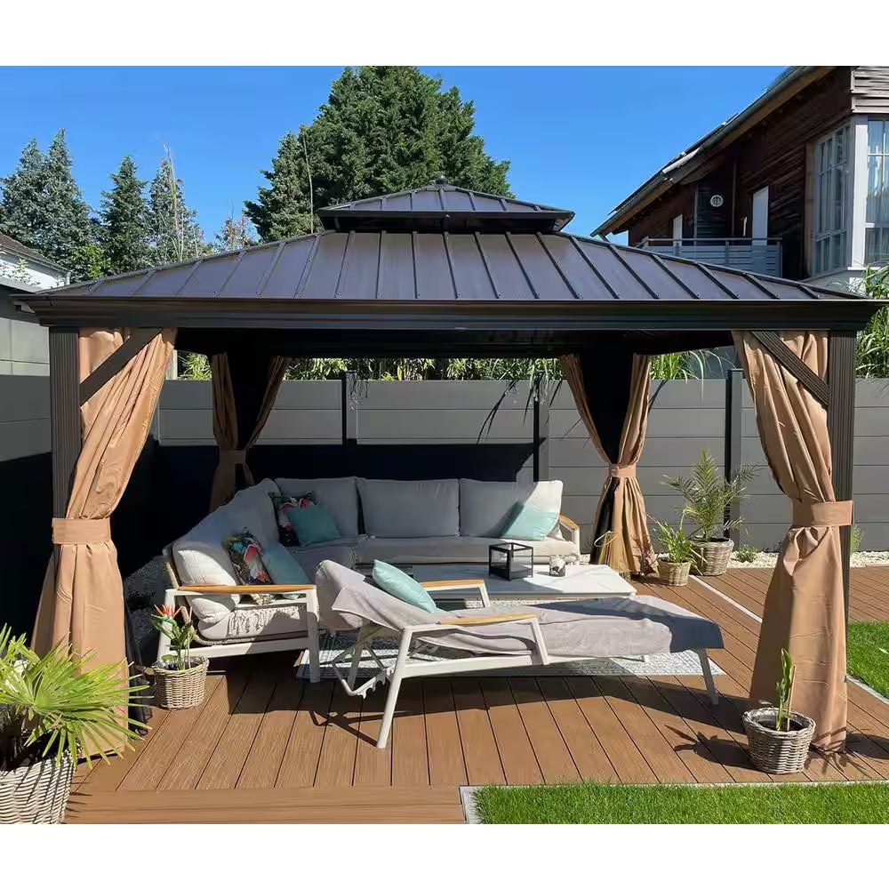 13 Ft. X 13Ft.Bronze Aluminum Power-Coated Frame Galvanized Steel Double Roof Hardtop Gazebo Hooks Netting Khaki Curtain