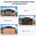 11 Ft.X 15 Ft.Bronze Aluminum Power-Coated Frame Galvanized Steel Double Roof Hardtop Gazebo,Hooks,Netting,Khaki Curtain