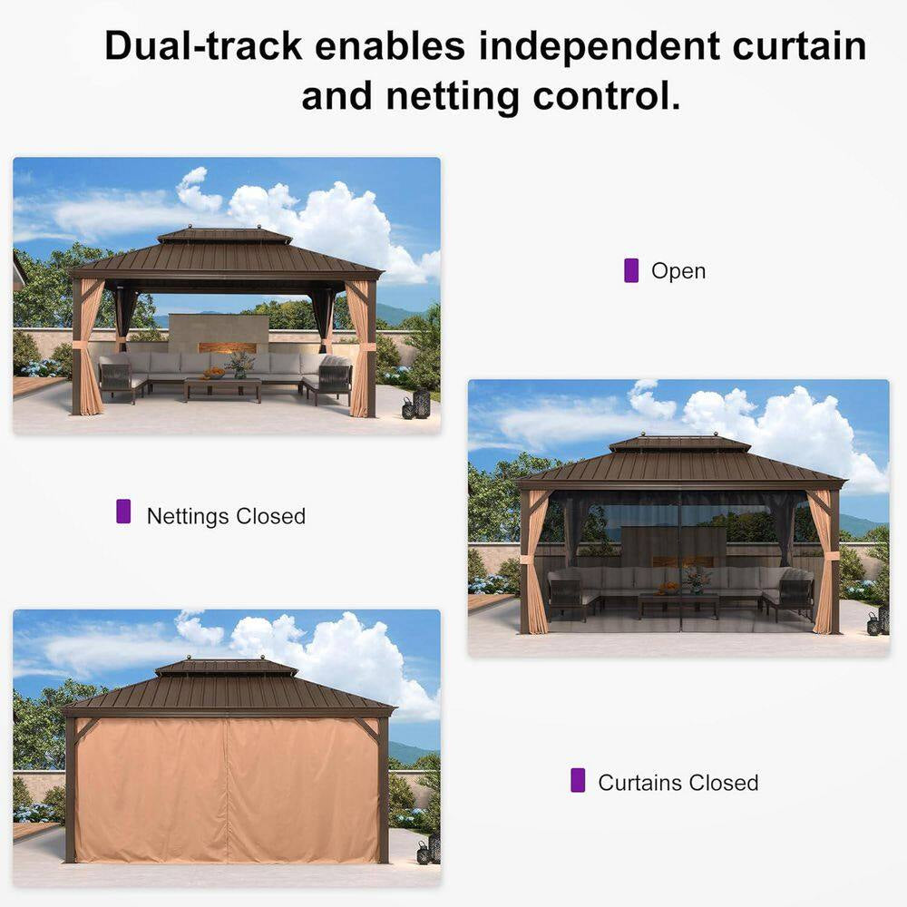 11 Ft.X 15 Ft.Bronze Aluminum Power-Coated Frame Galvanized Steel Double Roof Hardtop Gazebo,Hooks,Netting,Khaki Curtain