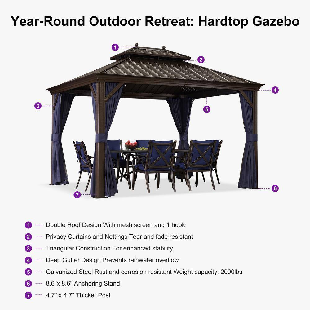 11 Ft. X 13 Ft. Bronze Patio Outdoor Gazebo Backyard Hardtop Aluminum Frame with Hooks, Netting Blue Curtain 24-Lights