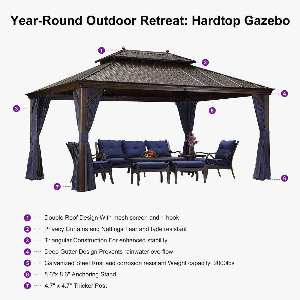 11 Ft. X 15 Ft. Bronze Patio Outdoor Gazebo for Backyard Hardtop Aluminum Frame Hooks, Netting, Blue Curtain, 24-Lights