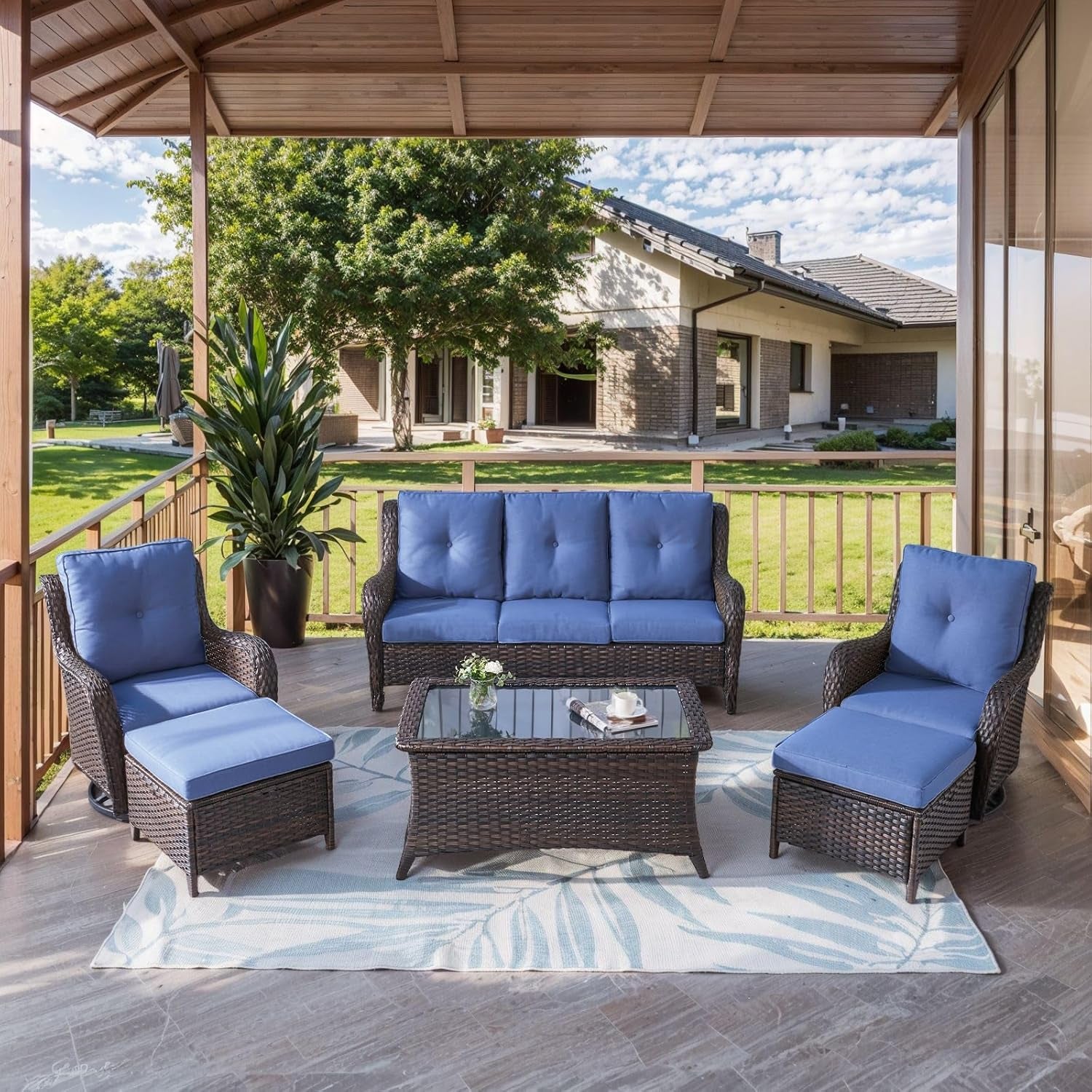 Patio Furniture 6 Pieces Outdoor Furniture Set Wicker Outdoor Sectional Sofa with Swivel Rocking Chairs,Patio Ottomans,Patio Coffee Table