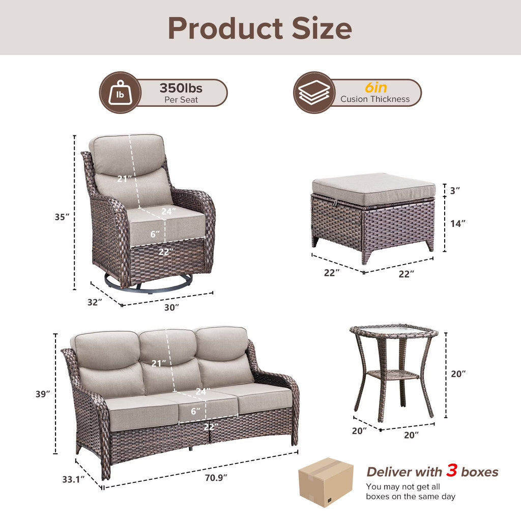 6 Pieces Luxury Outdoor Patio Furniture Sets Outdoor Conversation Sets with Swivel Rocker Patio Chairs with 6" Thick Cushion,Sofa and Glass Coffee Table for Porch Deck Backyard Poolside