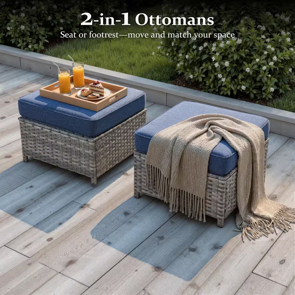 New Vultros Gray 7-Piece Wicker Outdoor Patio Conversation Seating Set with Blue Cushions