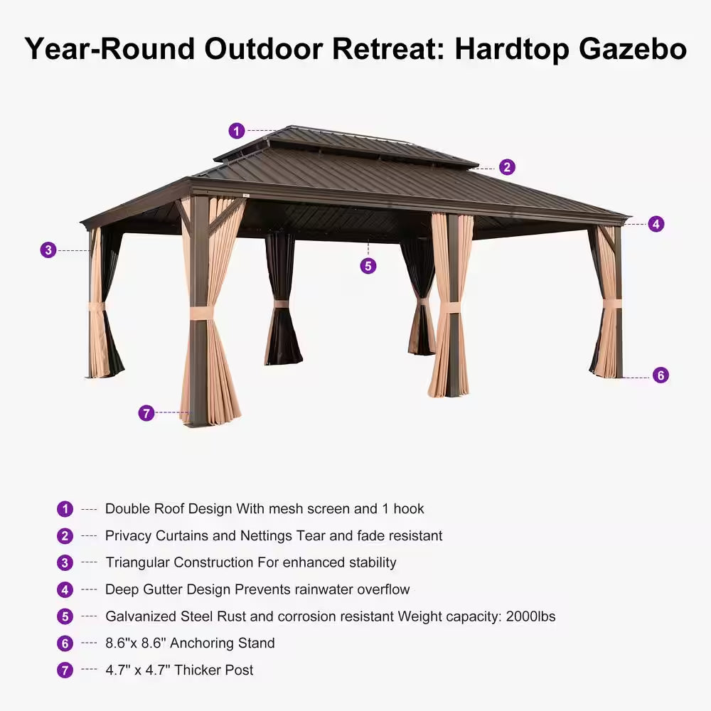 12 Ft.X 26 Ft.Bronze Aluminum Power-Coated Frame Galvanized Steel Double Roof Hardtop Gazebo,Hooks,Netting,Khaki Curtain