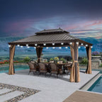 12 Ft.X 16 Ft.Bronze Patio Outdoor Gazebo for Backyard Hardtop Aluminum Frame with Hooks,Netting,Khaki Curtain,24-Lights