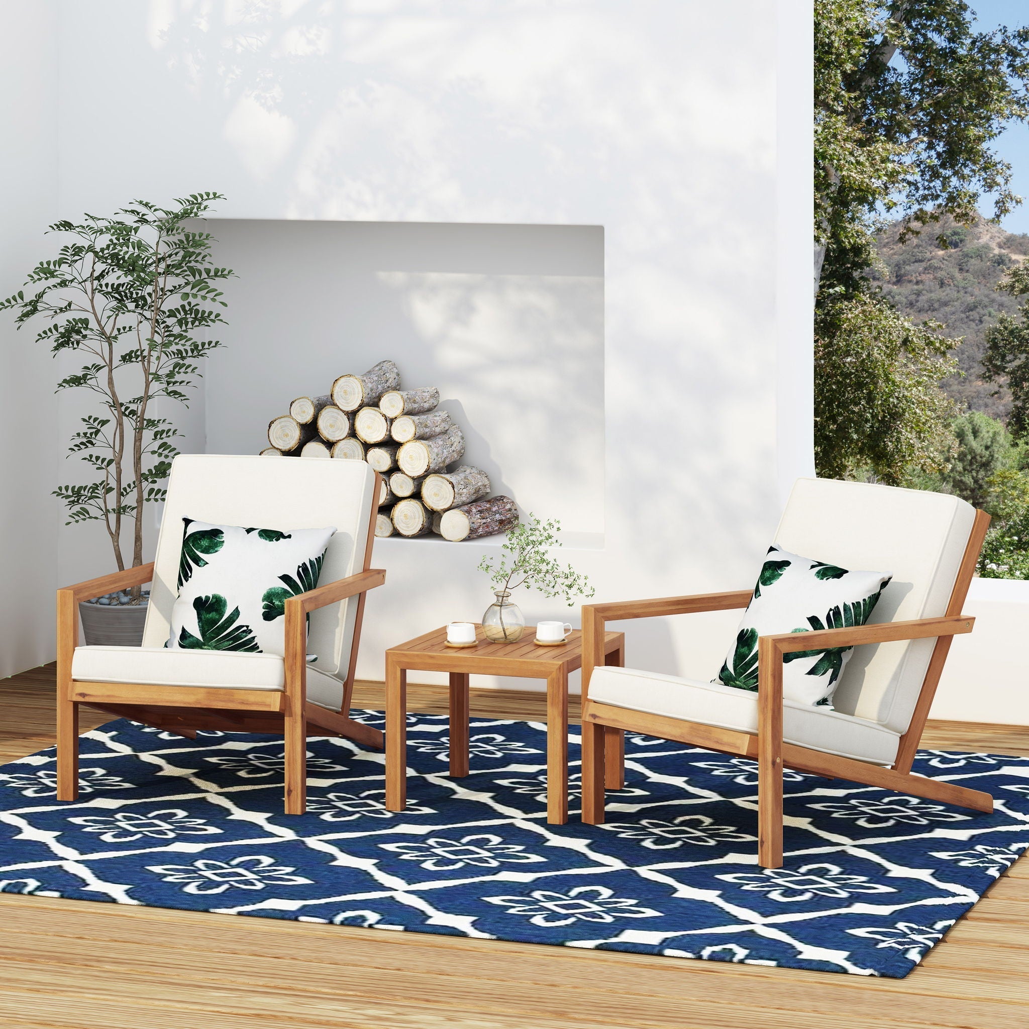 3- Piece Outdoor Chat Set with Table And 2 Adirondack Chairs - White / Brown Patina