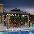 12 Ft. X 12 Ft.Bronze Patio Outdoor Gazebo for Backyard Hardtop Aluminum Frame with Hook,Netting,Khaki Curtain,24-Lights
